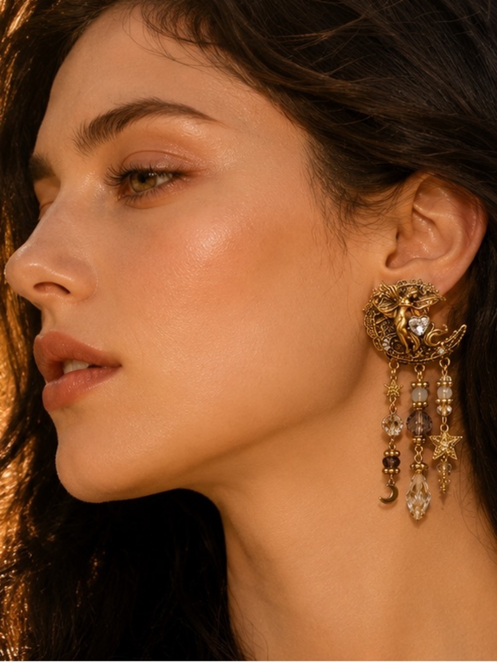 Gold Dragon Moon Dangle Earrings with Crystal Drops - Picture 6 of 8